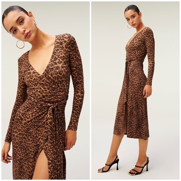 New Good American Daynight Wrap Dress Sepia Leopard Brown Stretch Sz 0 - Picture 2 of 14